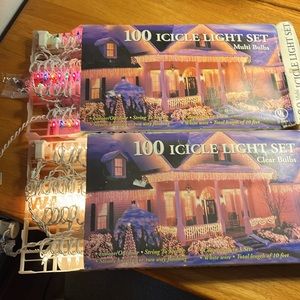 Vintage indoor/outdoor lights—2 sets; one clear bulb, the other multi colors.